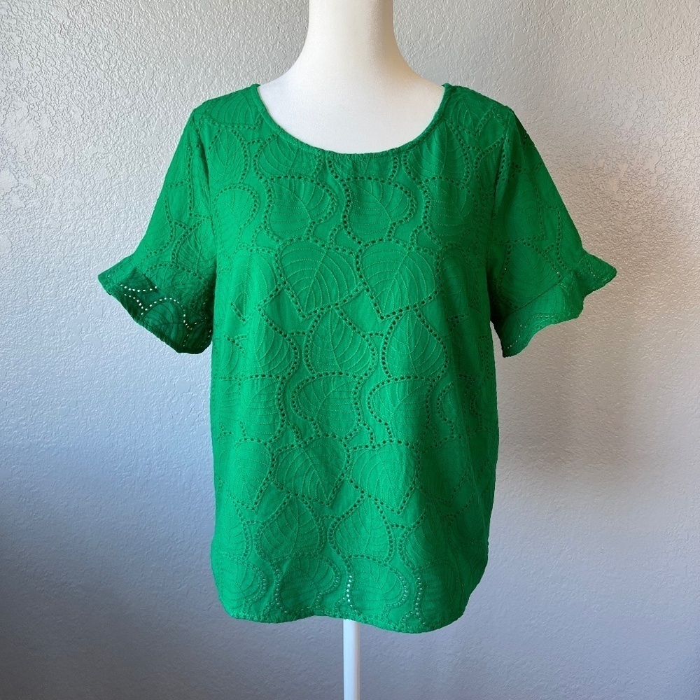 Skies Are Blue Eyelet Leaf Pattern Cotton Top with Ruffled Sleeves